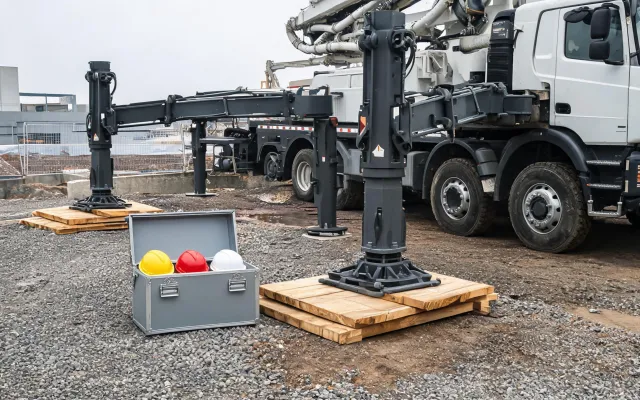Safety toolbox talk beside concrete pump outriggers