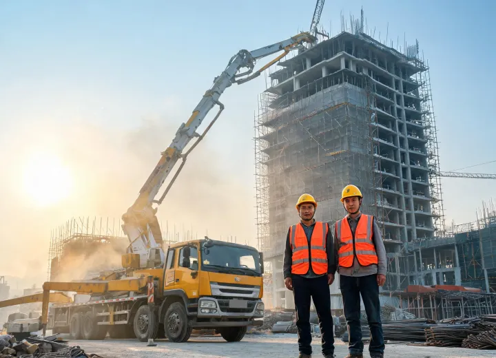 Putzmeister founder and pour supervisor beside boom pump on jobsite