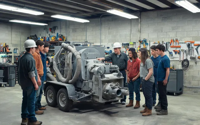 Students learning on donated trailer concrete pump