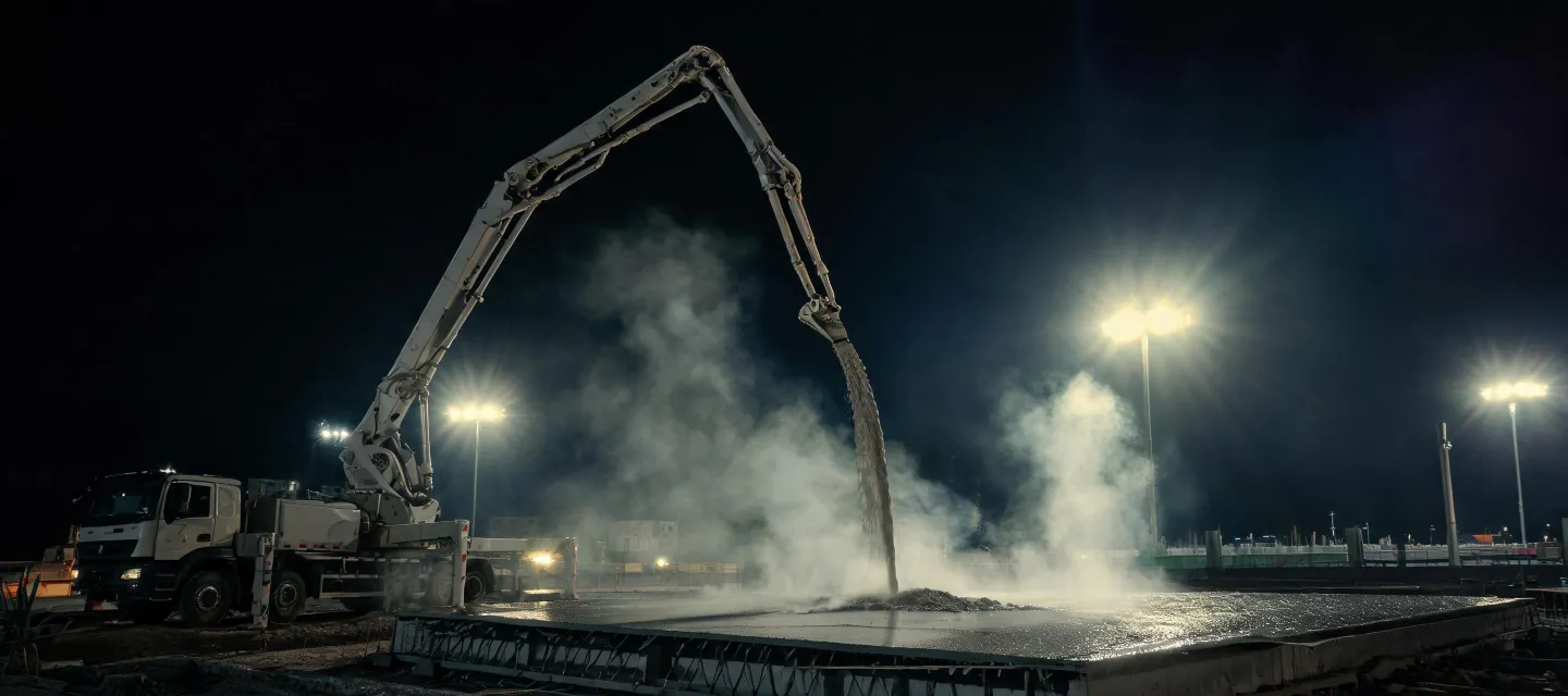 Night concrete pour with boom pump floodlights