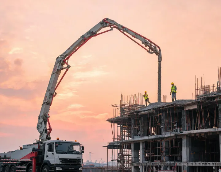 Putzmeister concrete boom pump placing deck pour on high-rise jobsite