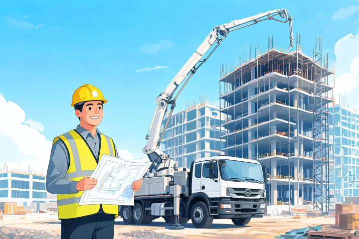 Site supervisor planning concrete pump placement next to boom truck
